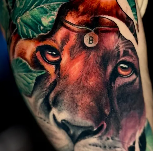 Détail rapproché du regard de la lionne et du médaillon, tatouage réaliste couleur